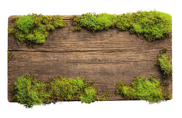 Wall Mural - Old wooden board with green moss isolated on transparent background