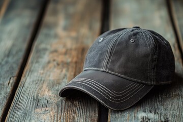 Dark gray cap resting on a rustic wooden background, showcasing texture and subtle shadows.