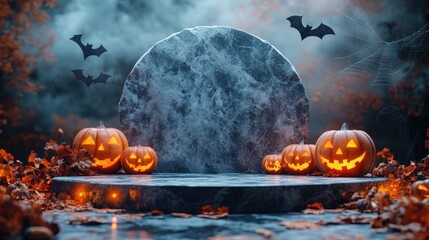 Wall Mural - 3D render of a marble podium stand surrounded by glowing pumpkins, eerie bats, and intricate cobwebs, perfect for a Halloween-themed product presentation 