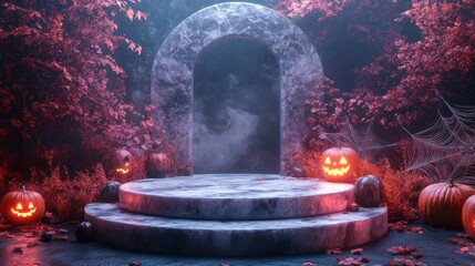 Wall Mural - 3D render of a marble podium stand surrounded by glowing pumpkins, fluttering bats, and delicate cobwebs, set in an eerie Halloween ambiance 