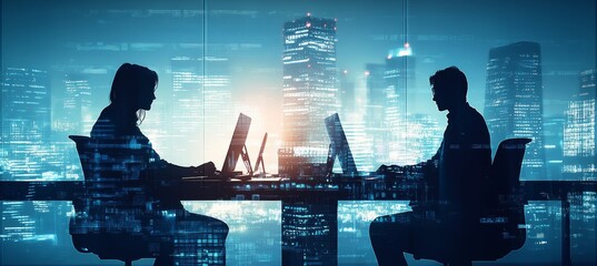 Poster - Silhouette of two manager on corporate meeting at night office. Company teamwork job. Generative AI technology.