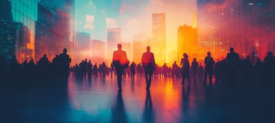 Poster - Silhouette of busy crowd corporate employee with sunset and city background. Company teamwork job. Generative AI technology.
