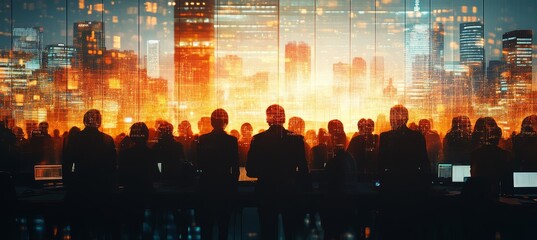 Aufkleber - Silhouette of business people crowd at night office. Company teamwork job. Generative AI technology.	
