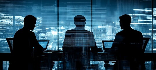 Aufkleber - Night office meeting with glowing night background. Company teamwork job. Generative AI technology.	
