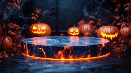 Wall Mural - Halloween 3D render of a marble podium decorated with glowing pumpkins, bats in flight, and intricate cobwebs, ideal for a spooky product presentation 