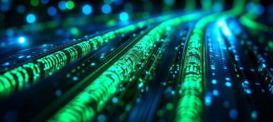 Aufkleber - Data flow transfer on glowing green internet cable. Wireless online speed network. Generative AI technology.	
