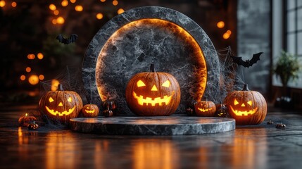 Wall Mural - High-quality 3D render of a marble podium encircled by glowing pumpkins, bats, and artfully spun cobwebs, creating a visually captivating Halloween aesthetic 