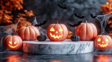 Wall Mural - Realistic 3D render of a marble podium stand with glowing pumpkins, fluttering bats, and cobwebs hanging from every corner, setting the perfect Halloween mood 