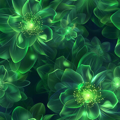 Poster - Green Glowing Blossoms Seamless Pattern