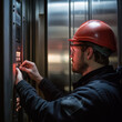 © AGCreative - professional man in hard hat calibrating elevator control panel, focused on his task. environment is industrial, showcasing modern technology and safety measures