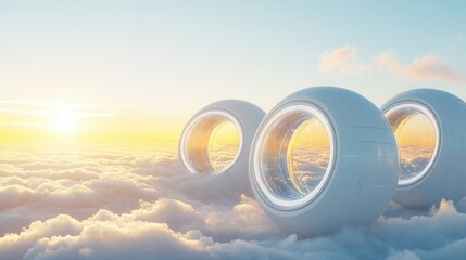 Wall Mural - futuristic circular structures hover above clouds at sunrise, blending technology and nature in a se
