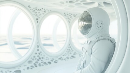 Wall Mural - a futuristic astronaut gazes out of circular windows, surrounded by a sleek, modern interior, hintin