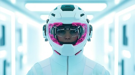 Wall Mural - a futuristic figure in a sleek white space suit and helmet with pink accents stands in a high-tech c