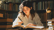 © Chalita - Young woman studying in library, focused on book, vintage atmosphere, warm light, deep concentration, soft shadows, elegant interior décor, learning and knowledge