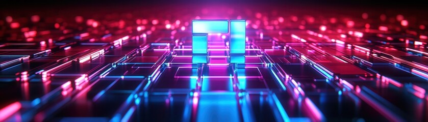Wall Mural - a vibrant, futuristic scene with glowing pink and blue cubes set against a digital grid, creating a 