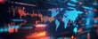 © YONG - Abstract digital world map with glowing lights and global business data graphs on a dark background