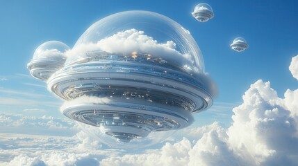 Wall Mural - a futuristic scene featuring sleek, transparent spacecraft hovering among fluffy clouds against a br