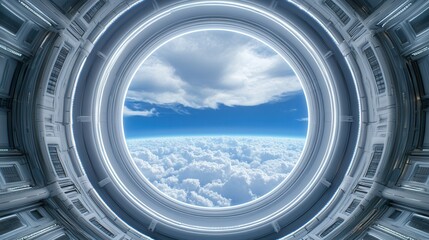 Wall Mural - a futuristic circular window reveals a breathtaking view of clouds and blue sky, creating a sense of