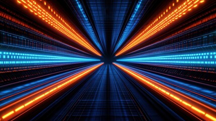 Wall Mural - a vibrant display of blue and orange lights converging towards a point, creating a dynamic, futurist