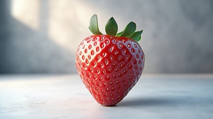 Wall Mural - Single, ripe strawberry with green leaves on light gray background.