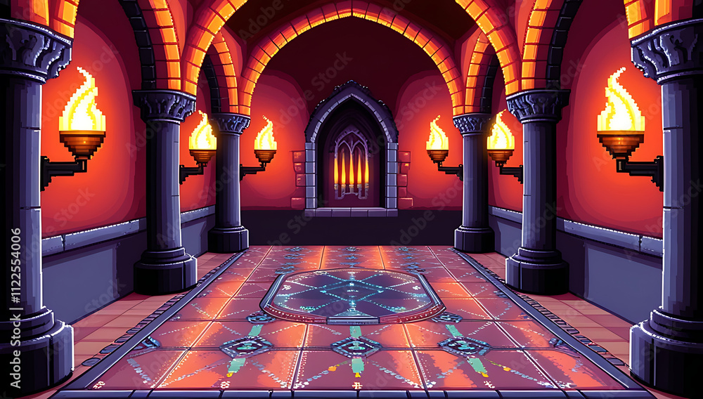 A pixel art castle interior with grand arches, glowing torches, and a ...