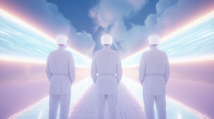 Wall Mural - three figures in futuristic attire stand before a luminous pathway, with ethereal light and clouds c