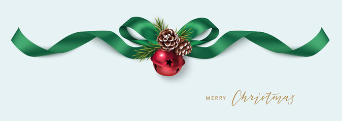 Wall Mural - decorative horizontal green bow with green swirl ribbon and christmas red bell, fir twigs, pine cone