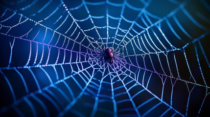 realistic black spider web background. with beautiful blue light.