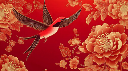 Wall Mural - Elegant Chinese oriental pattern background vector. Elegant swallow bird and peony flower golden line art on red background. Design illustration for happy new year, wallpaper, banner, card.