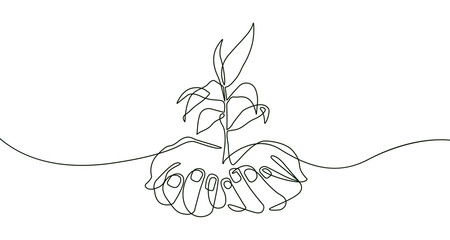 Wall Mural - Vector Hand Drawn Continuous One Line Drawing of Hands with Leaves. Minimalist Trendy Contemporary One Line Ecology Concept for Wall Art, Print, Social Media, Posters, Invitations, Branding Design.