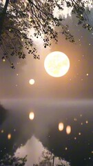 Wall Mural - vertical 9:16 bright floating orbs in a dark foggy environment with ethereal, soft-focus lighting