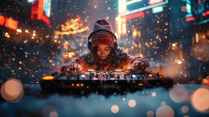 Wall Mural - female DJ performing in a club wearing christmas cap, wearing headphones