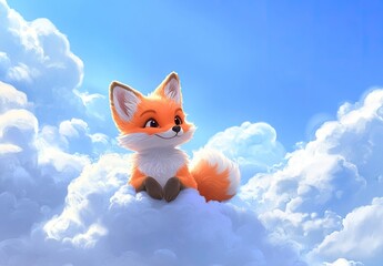 Wall Mural - A cute, furry baby fox, smiling and sitting on fluffy clouds in the sky