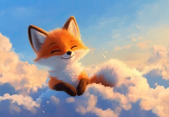 Wall Mural - A cute, smiling baby fox sitting on fluffy clouds in the sky