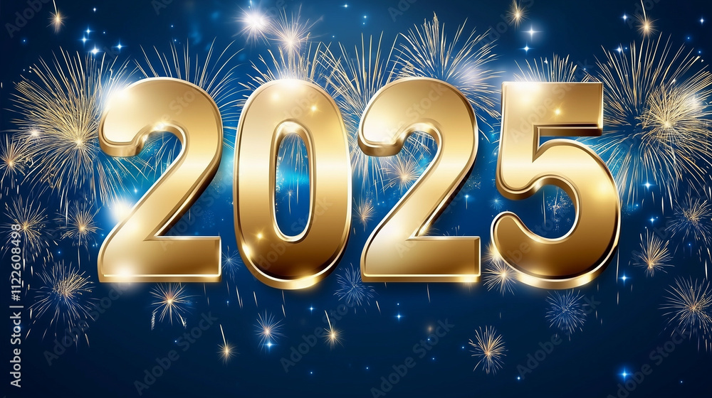Golden "2025" New Year fireworks celebration. Festive holiday night sky ...