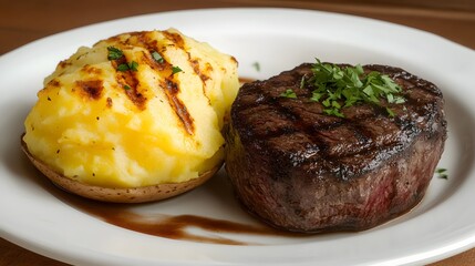 Sticker - A plate featuring a grilled steak alongside creamy mashed potatoes garnished with herbs.