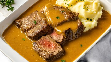 Sticker - A plate of sliced beef with gravy served alongside mashed potatoes.