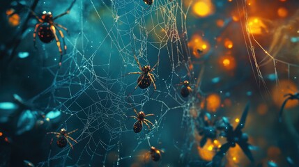 Halloween spiderweb border with hanging spiders