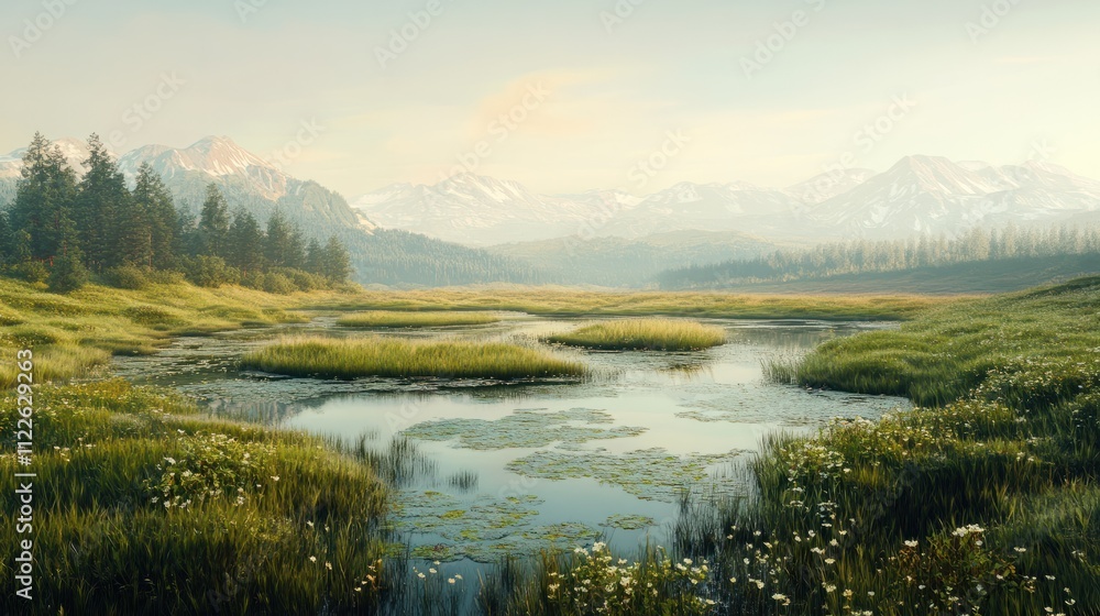 A realistic photo of a wetland ecosystem, rich in biodiversity, emphasizing the significance of wetland preservation and the need for habitat protection. , Minimalism,
