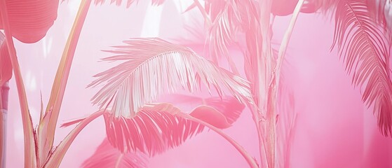 Wall Mural - Pink Tropical Foliage with Lush Palm Leaves in Soft Pastel Hues for a Dreamy Aesthetic