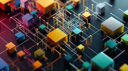 Fototapete - Abstract 3D Render of Colorful Cubes and Lines on Dark Background, Representing Digital Connections and Technology Innovations in a Futuristic Style