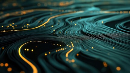 Fototapete - Abstract Flowing Lines with Glowing Dots in a Dark Background, Representing Data Streams and Connectivity in a Digital World