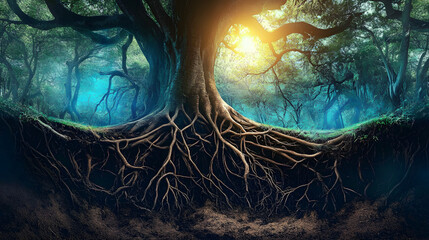 Wall Mural - dream where vast network of roots underground, connecting trees of different kinds, representing the