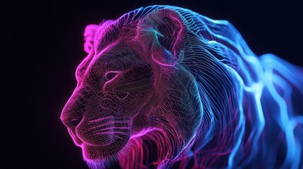Wall Mural - Colorful Neon Lion 3D Illustration with Abstract Lines and Glow