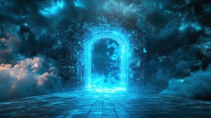 Wall Mural - Ethereal Portal Through Digital Clouds and Cosmic Landscape