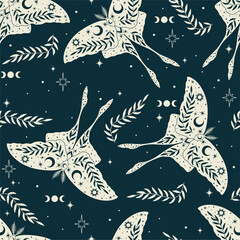 Wall Mural - magic blue seamless pattern with moths and herbs. boho magic background with stars.