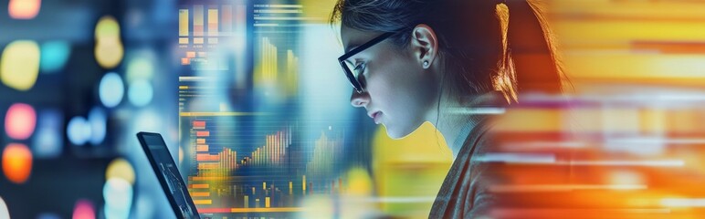 email banner for working IT announcement: Template installation guide. Moder stock photo montage, double exposure of people working on laptop and research charts and excel tables. 