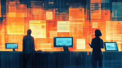 tax submit compliance calculation. A digital scene depicting two silhouetted figures in front of glowing screens filled with data, emphasizing technology and information flow.