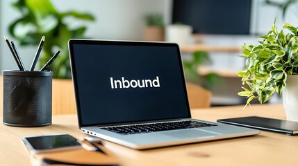 Wall Mural - inbound process. a laptop on a desk displays the word 