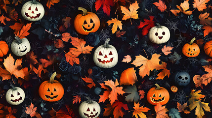 Canvas Print - seamless pattern featuring classic halloween symbols intertwined with autumn leaves.
